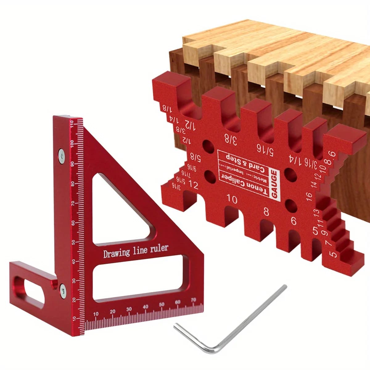 Set de 2 piezas: escuadra transportadora y calibre de espigas de aluminio