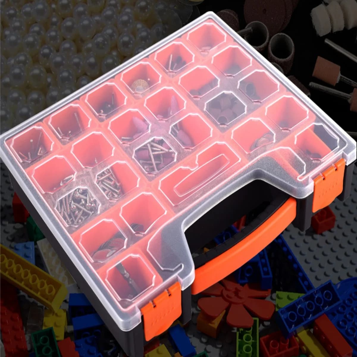 Caja de almacenamiento portátil de plástico con múltiples compartimentos para herrajes