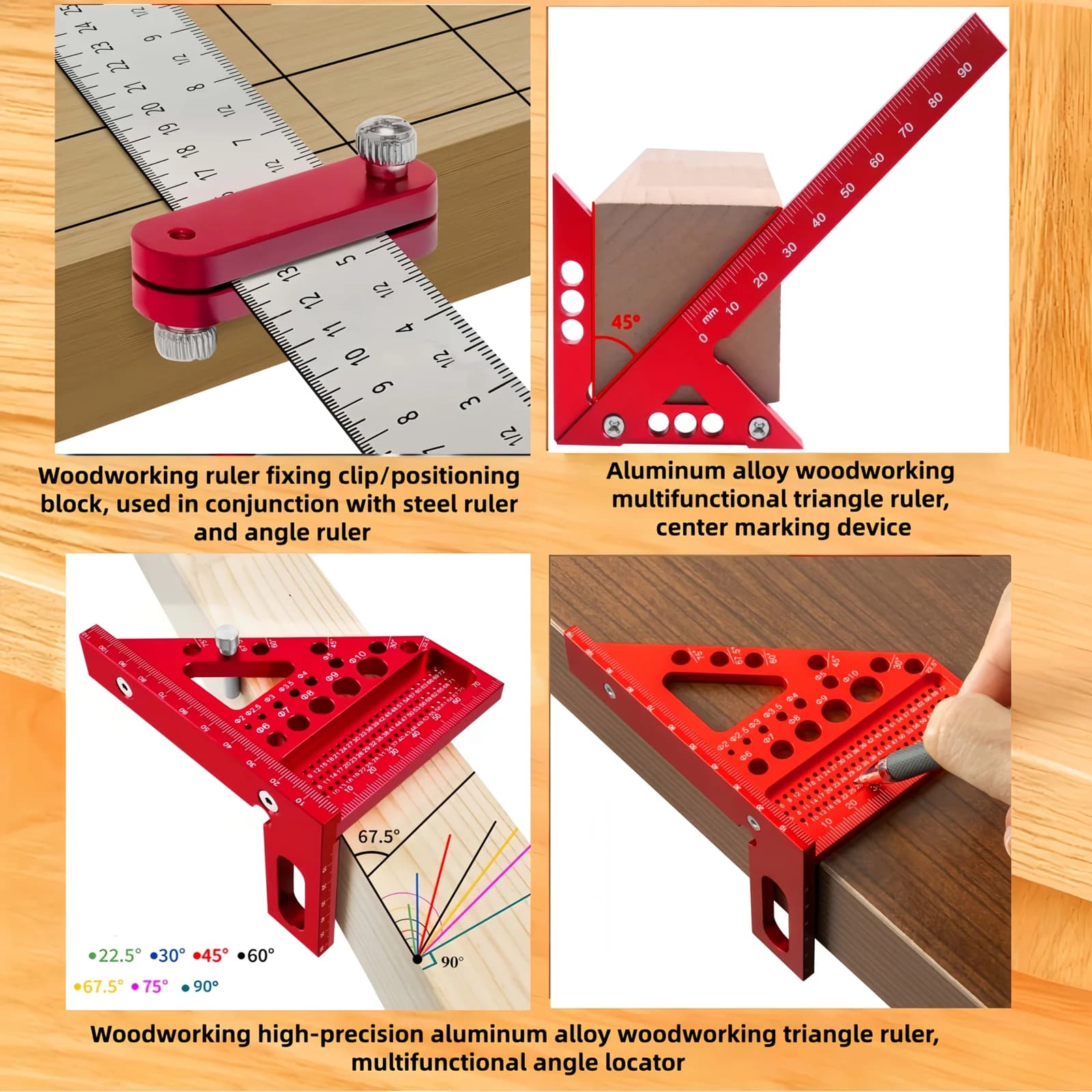 Juego de 3 piezas: escuadra y regla angular de aluminio