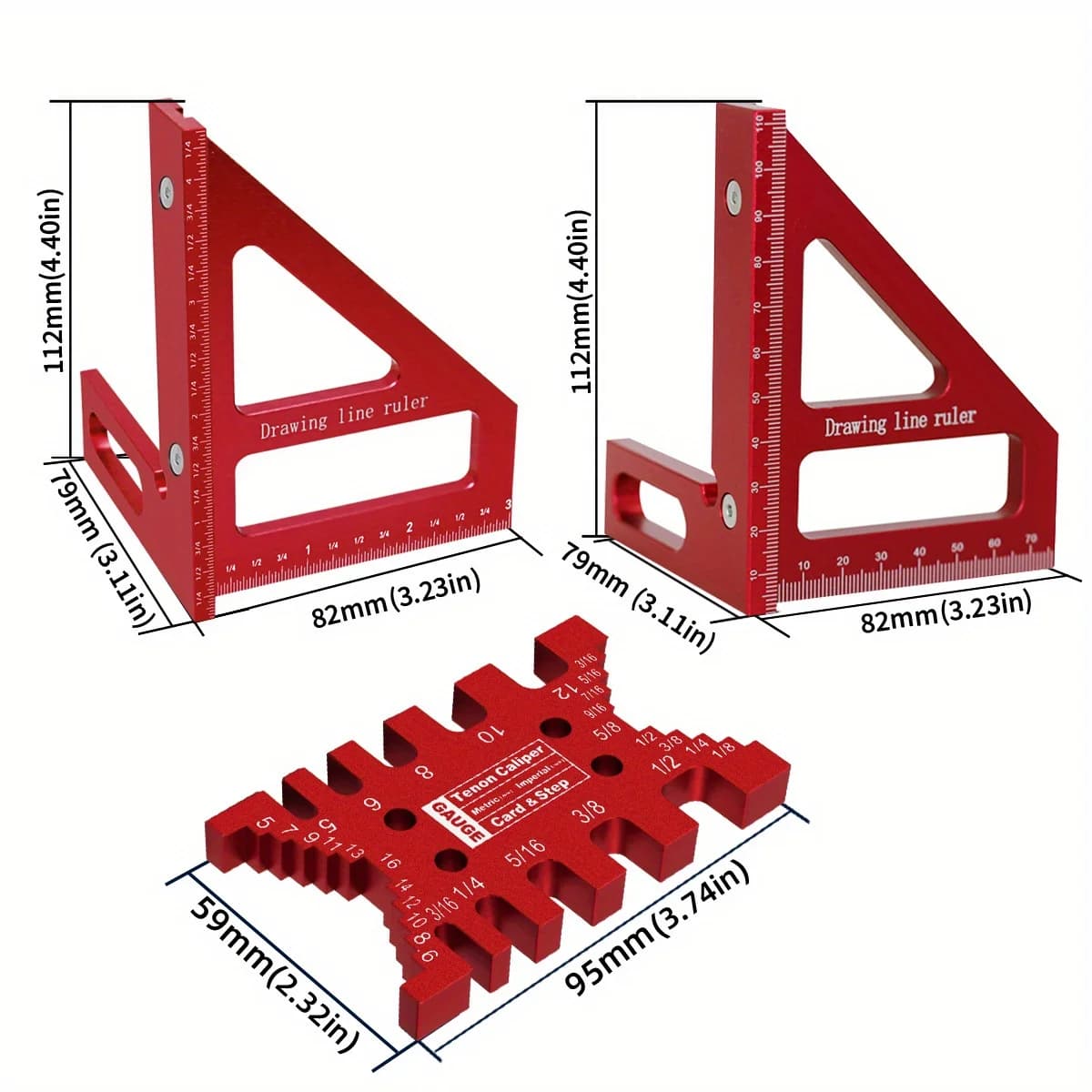 Set de 2 piezas: escuadra transportadora y calibre de espigas de aluminio