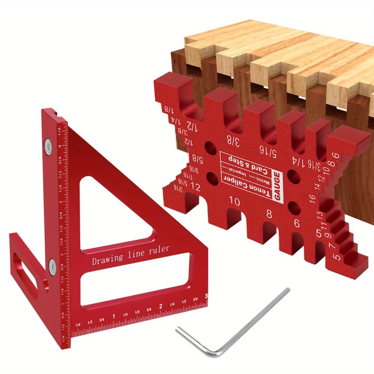 Set de 2 piezas: escuadra transportadora y calibre de espigas de aluminio