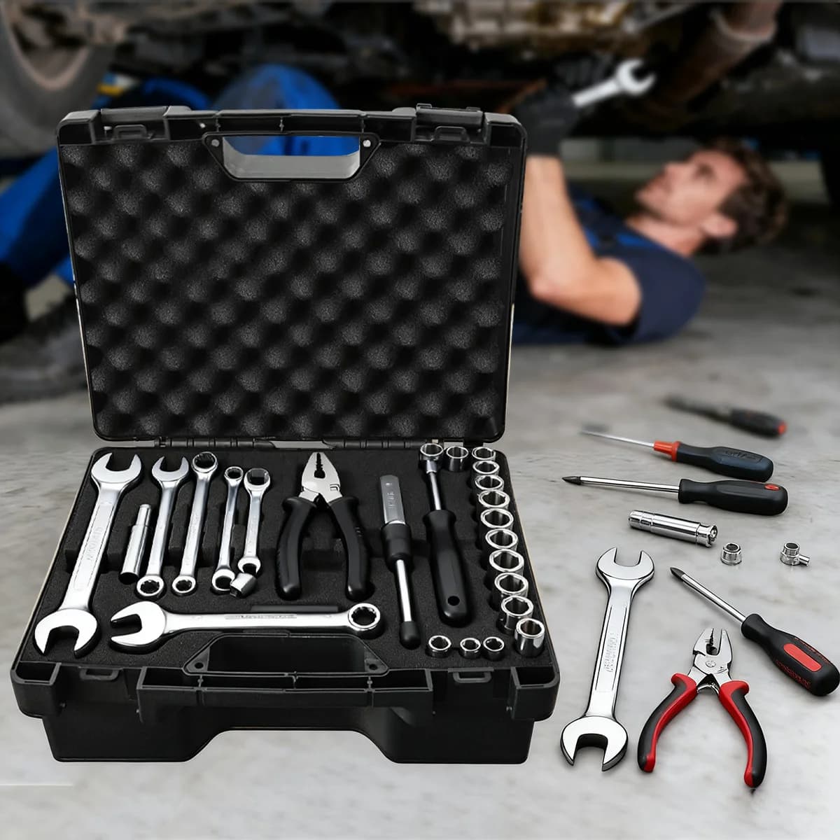 Caja de herramientas portátil de plástico para reparación de autos con esponja