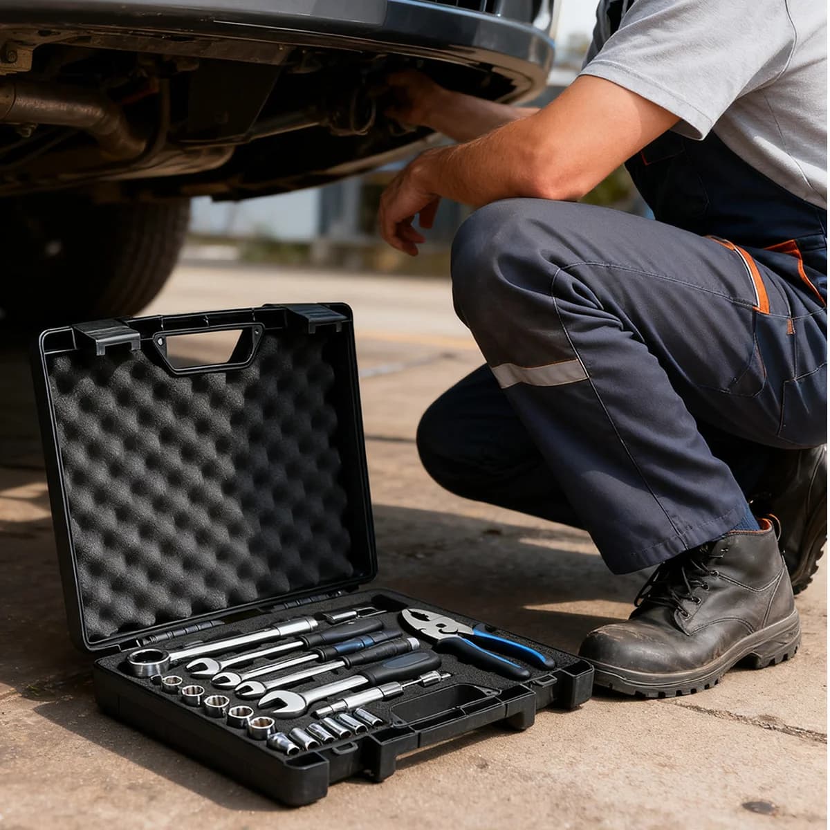 Caja de herramientas portátil de plástico para reparación de autos con esponja
