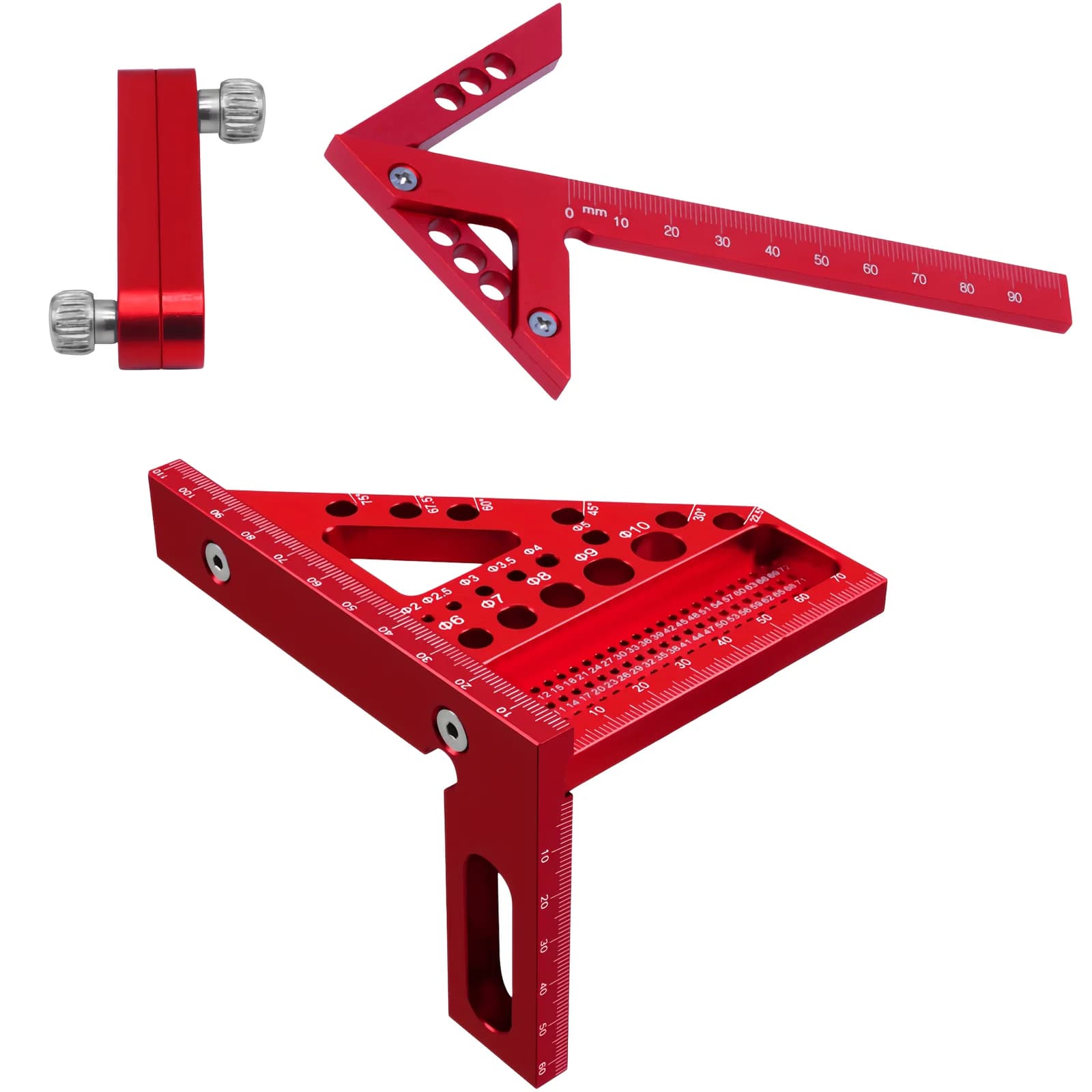 Juego de 3 piezas: escuadra y regla angular de aluminio