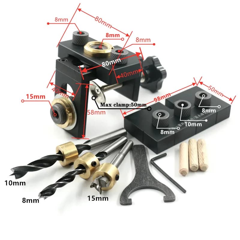 Plantilla para espigas ajustable 3 en 1 con brocas de 8/15 mm