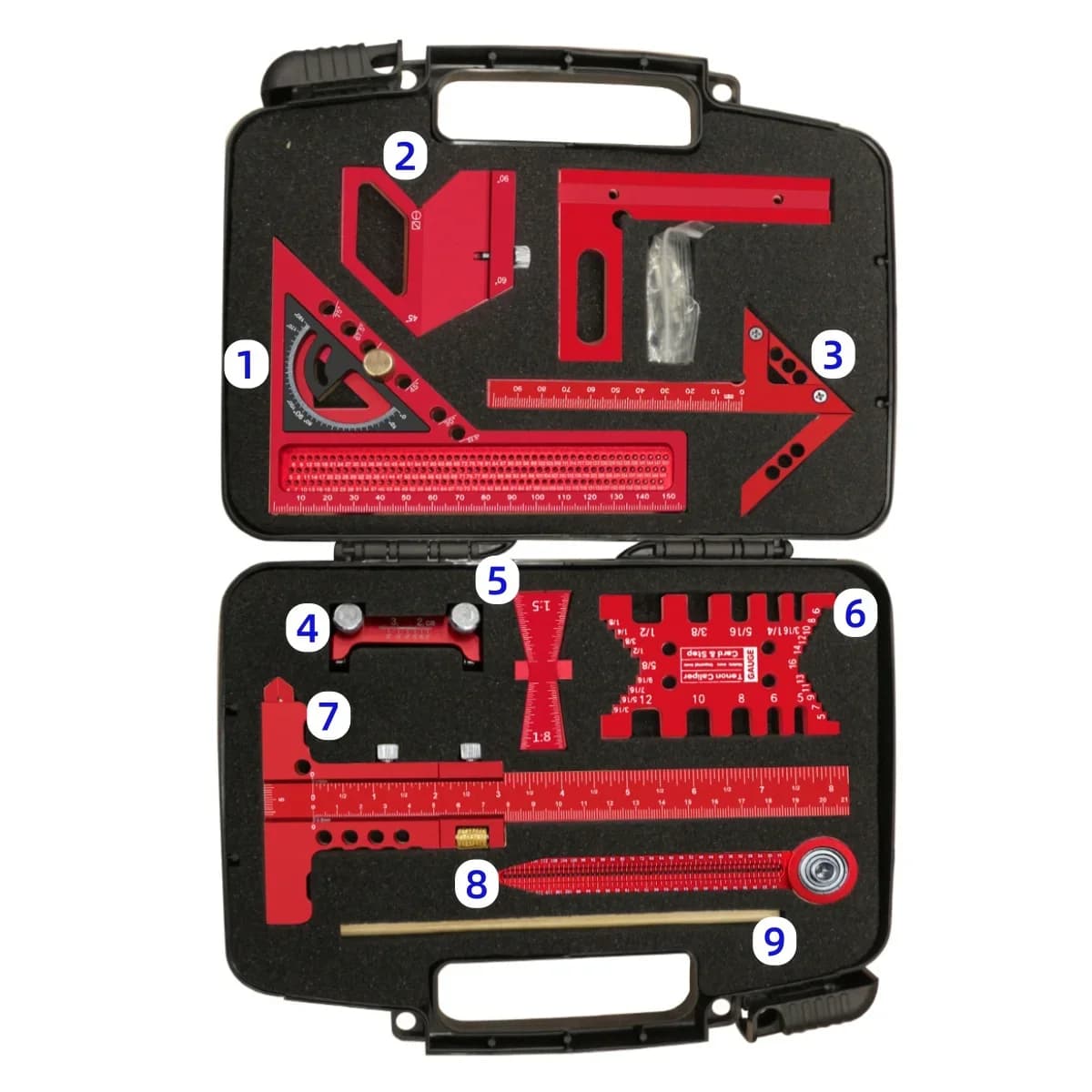 Kit de escuadras para carpintería de 9 piezas con compás y guía de afilado