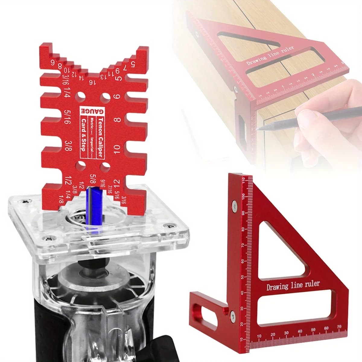 Set de 2 piezas: escuadra transportadora y calibre de espigas de aluminio