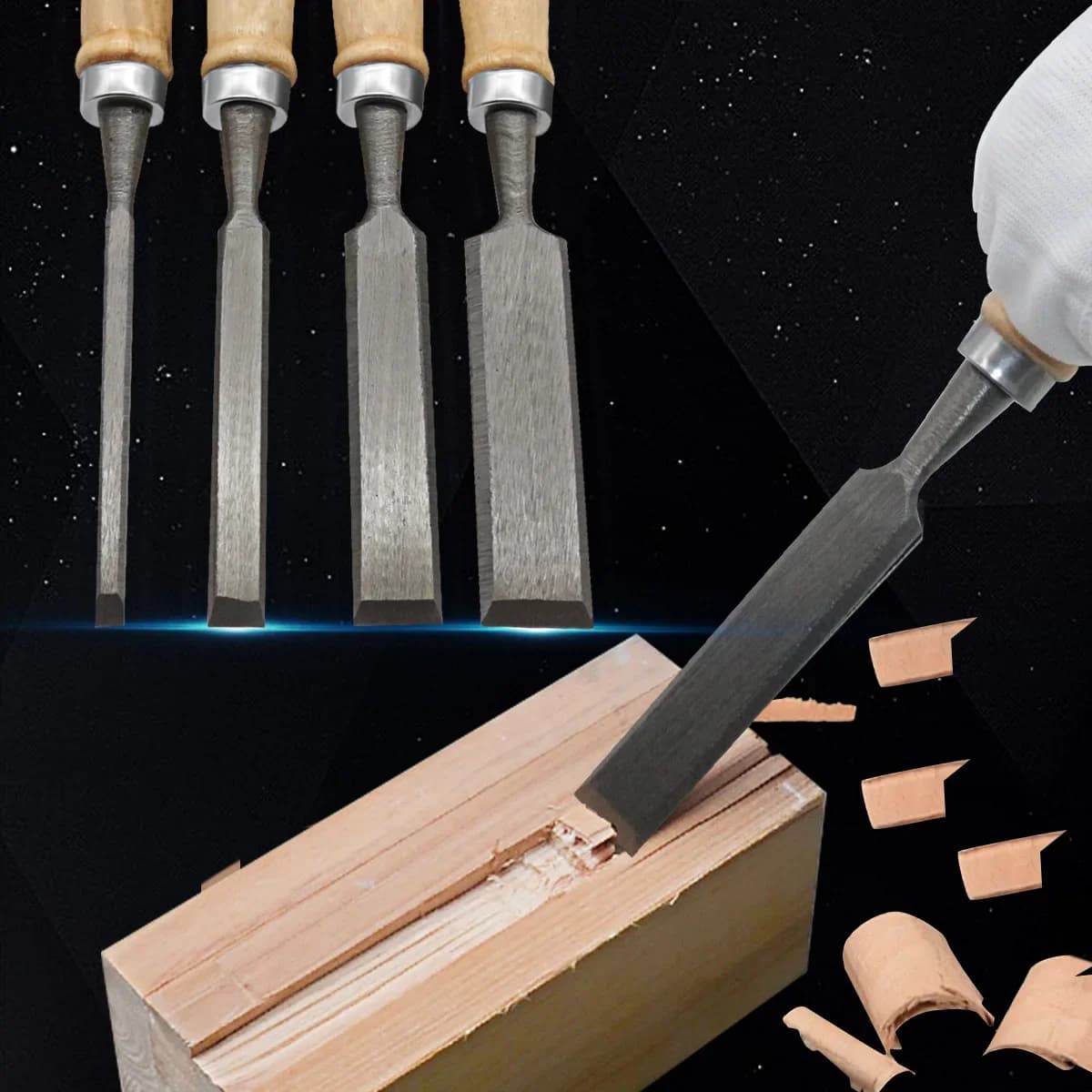 Juego de 4 Cinceles para Tallado en Madera con Mangos de Haya